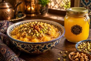 کاسه کاچی سنتی تزئینشده با مغزها در کنار شیشه روغن حیوانی