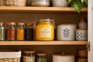 نگهداری اصولی ظرف روغن حیوانی در قفسه خنک و تاریک کابینت برای اجرای روش صحیح نگهداری روغن حیوانی