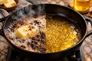 مقایسه سوختن کره در برابر پایداری و شفافیت روغن حیوانی روی حرارت تابه