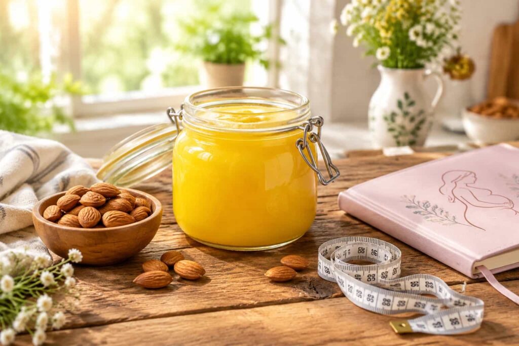 شیشه روغن حیوانی کنار بادام و دفترچه بارداری روی میز چوبی