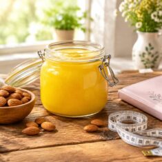 شیشه روغن حیوانی کنار بادام و دفترچه بارداری روی میز چوبی