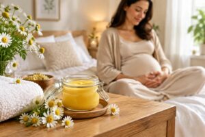 شیشه روغن حیوانی در کنار گل بابونه و حوله، با مادر باردار در پسزمینه