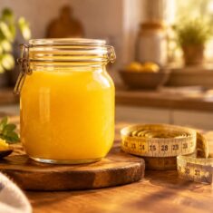 ظرف شیشه‌ای روغن حیوانی زرد طبیعی در کنار متر نواری با موضوع تاثیر روغن حیوانی و لاغری
