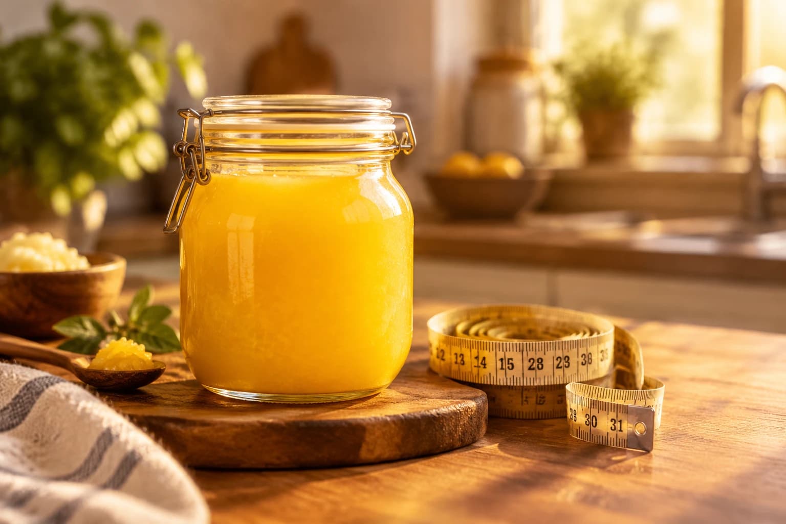 ظرف شیشه‌ای روغن حیوانی زرد طبیعی در کنار متر نواری با موضوع تاثیر روغن حیوانی و لاغری
