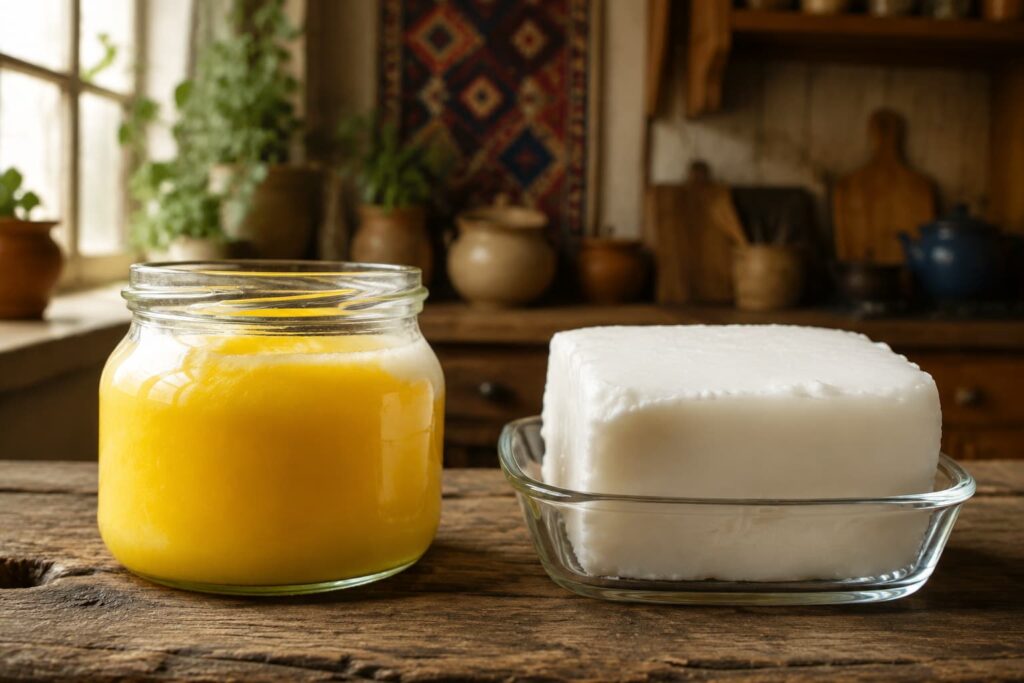 مقایسه ظرف روغن حیوانی طبیعی زرد رنگ کرمانشاهی در کنار قالب روغن نباتی جامد صنعتی سفید