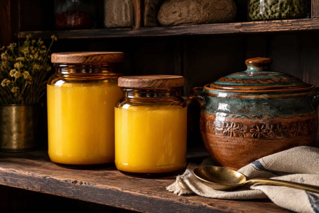 شیشه کهربایی و ظرف سفالی برای روش صحیح نگهداری روغن حیوانی در جای خنک و تاریک