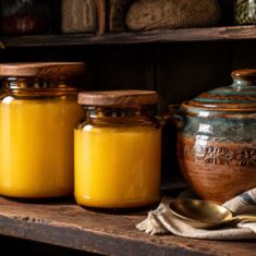 شیشه کهربایی و ظرف سفالی برای روش صحیح نگهداری روغن حیوانی در جای خنک و تاریک